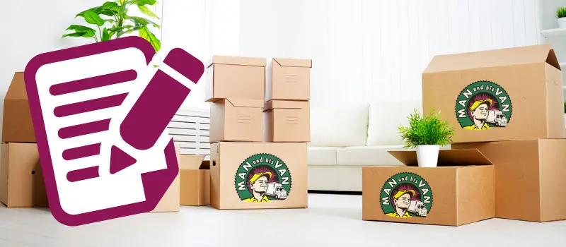 Man and His Van packing boxes in a living room with an moving house checklist icon.