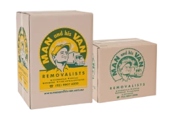 Two reinforced Man and His Van moving boxes in varying dimensions, designed to safely store and protect fragile goods while moving house.