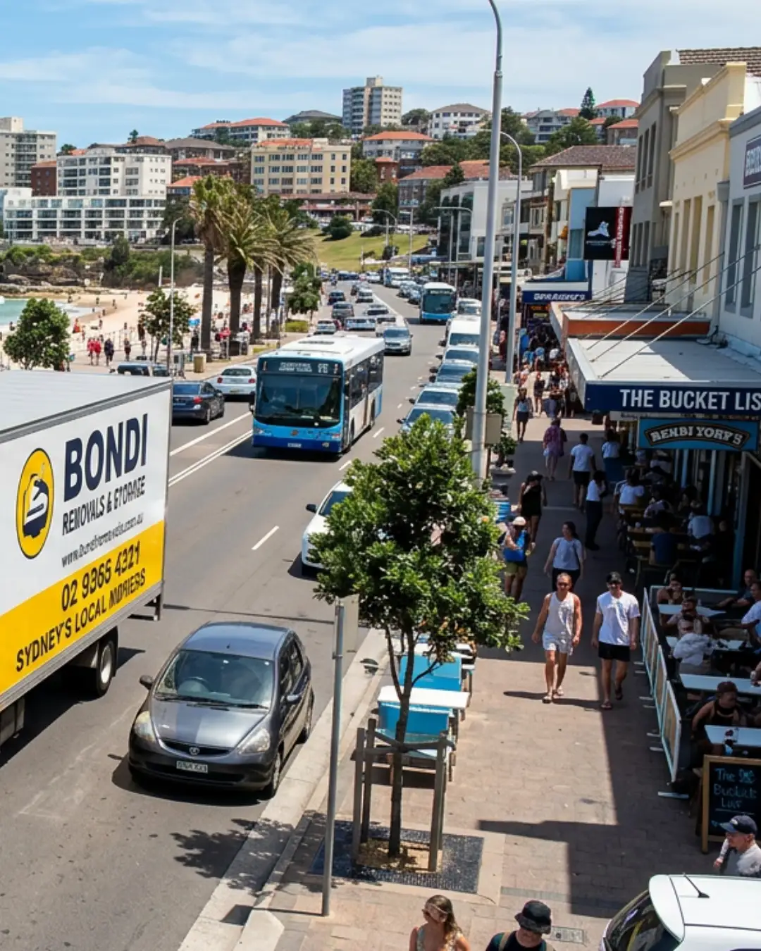 Man And His Van removalist truck driving along Campbell Parade in Bondi, Sydney