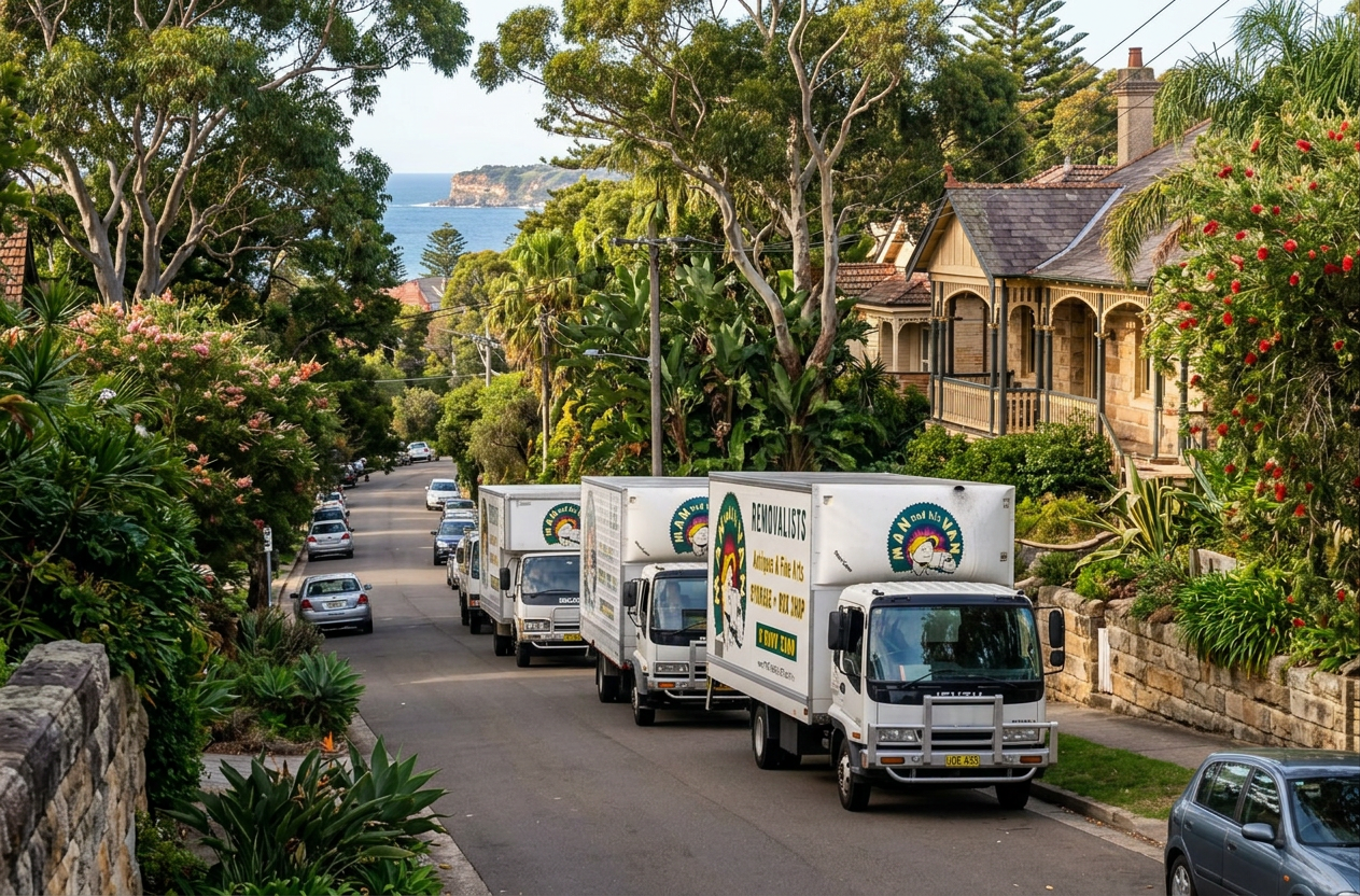Man and His Van removalist trucks on a leafy residential street near Sydney’s coastline