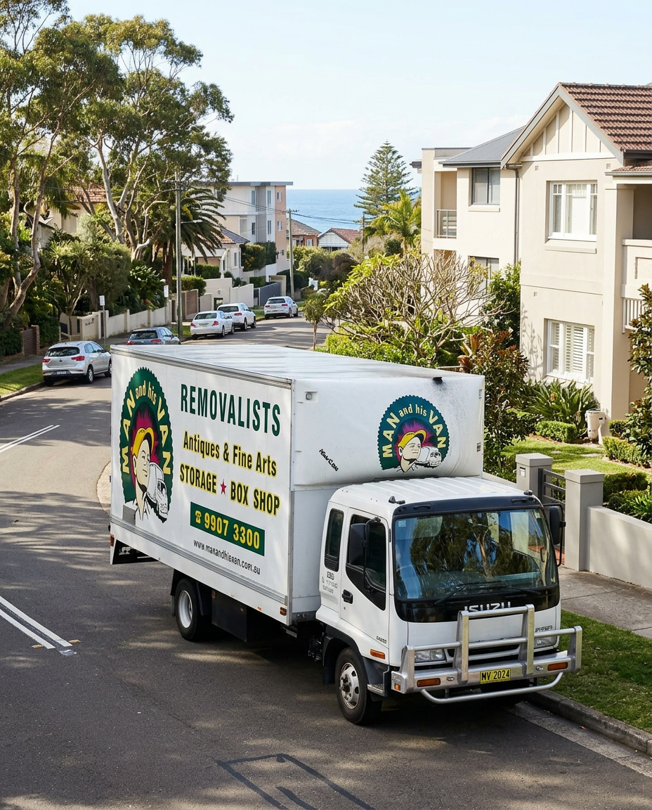 Man and His Van removalist truck on a coastal residential street